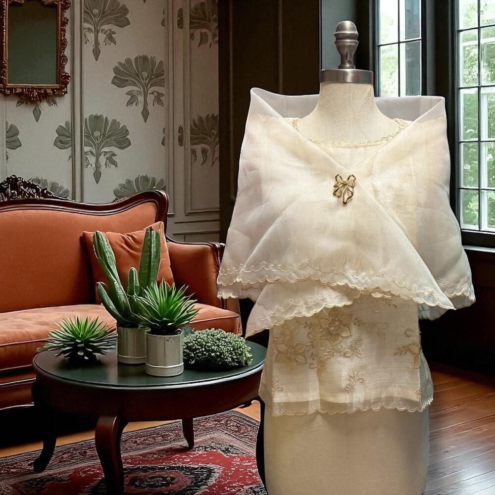 Embroidered Filipiniana Alampay Beige Rosebud Shawl Maria Clara Pañuelo One Size